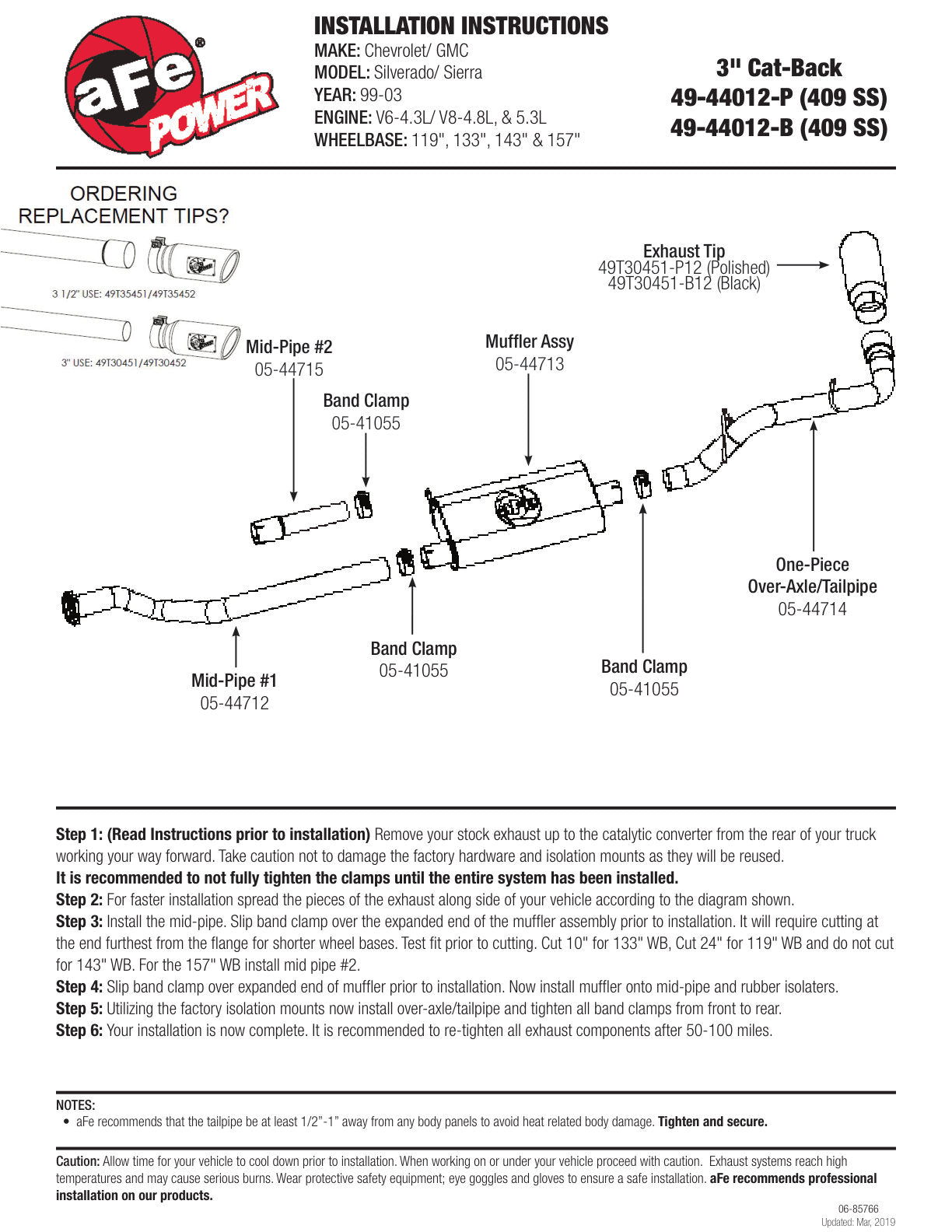 aFe 3in 409 SS Cat-Back Exhaust | GM 1500 V6/8 (99-03) (49-44012-P)