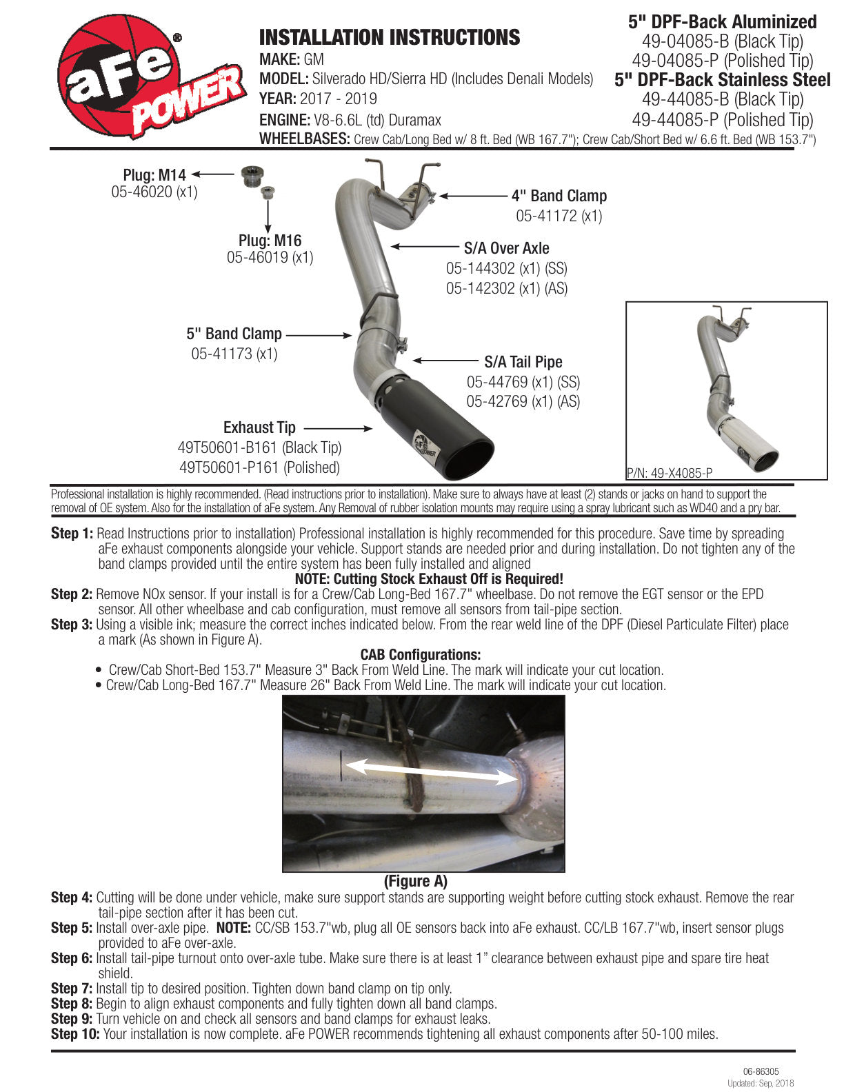 aFe 5in Large Bore HD 409-SS DPF-Back Exhaust w/Polished Tip | GM Duramax V8-6.6L L5P 2017 (49-44085-P)