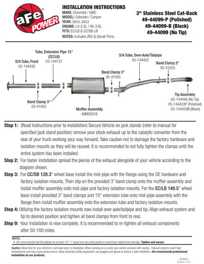 aFe 3in 409 SS Hi-Tuck Cat-Back Exhaust | GM Colorado/Canyon L4-2.5L/V6-3.6L (15-18) (49-44099)