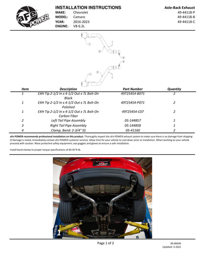 aFe MACH Force-Xp 2.5in SS Carbon Fiber Axle-Back Exhaust | Camaro SS (16-20) / (21-22) (49-44118-C)