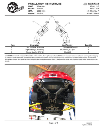 aFe 2.5in 409 SS Polished Axle-Back Exhaust | Chevy Camaro SS (16-21) (49-44119-P)