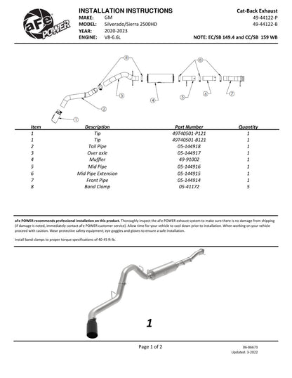 aFe 4in SS Cat-Back Exhaust GM 2500/3500HD V8 6.6L L8T (20-24) (49-44122-B)