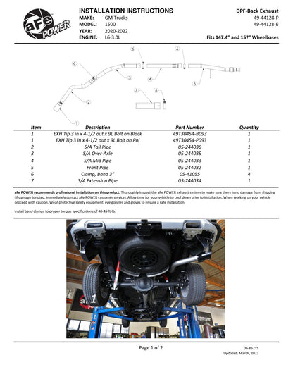 aFe 3in SS DPF-Back Exhaust | GM Silverado/GMC Sierra 19-26 (49-44128-P)