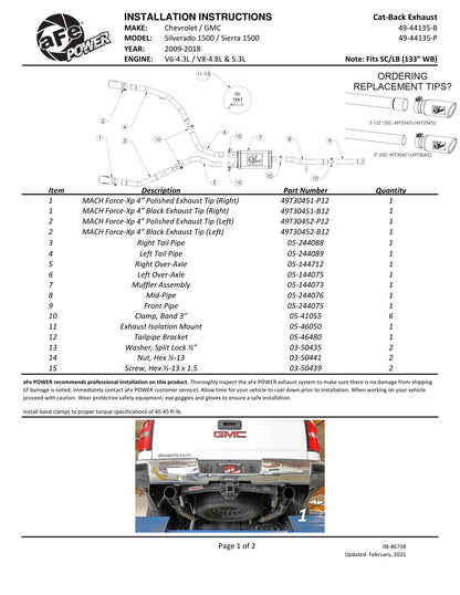 aFe Apollo GT Series Cat-Back Exhaust | GM Trucks (09-18) V6-4.3L / V8-4.8 / 5.3L Dual Rear Exit Black Tips (49-44135-B)
