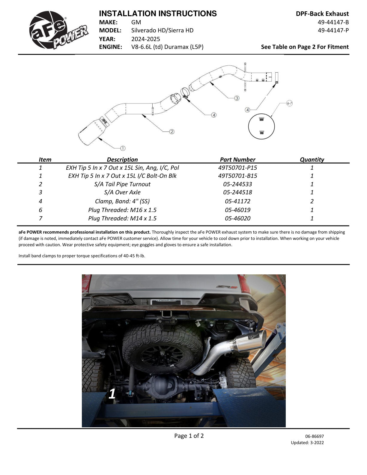 aFe Large Bore HD 5in 409SS DPF-Back Exhaust GM 24-25 | (49-44147-P)