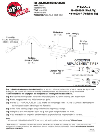 aFe Mach Force-Xp 3in SS Cat-Back Exhaust | Toyota Tacoma V6 (16-23) (49-46026-B)