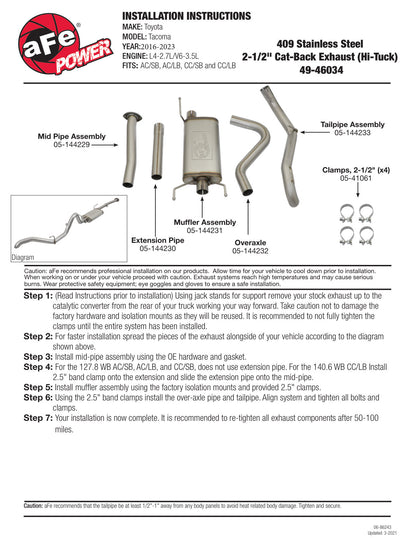 aFe 2.5in 409SS Cat-Back Exhaust Hi-Tuck | Toyota Tacoma V6-3.5L (16) (49-46034)
