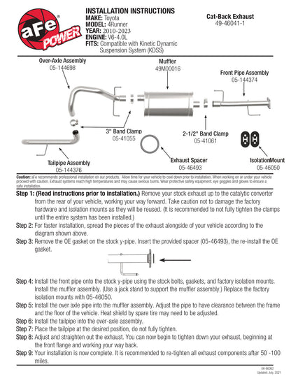 aFe 2.5in 409 SS Cat-Back Hi-Tuck Exhaust | Toyota 4Runner V6-4.0L (10-19) (49-46041-1)