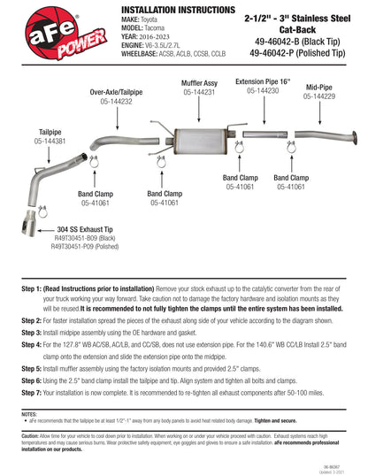 aFe 2.5in 304 SS Cat-Back Exhaust | Toyota Tacoma 16+ (49-46042-P)