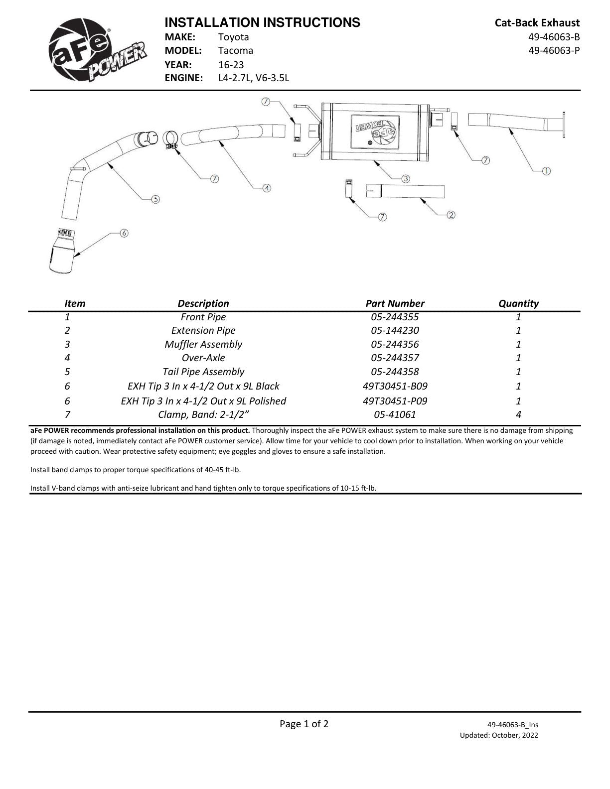 aFe Apollo GT 2.5-3in SS Cat-Back Exhaust w/ Black Tip | Toyota Tacoma (16-22) (49-46063-B)