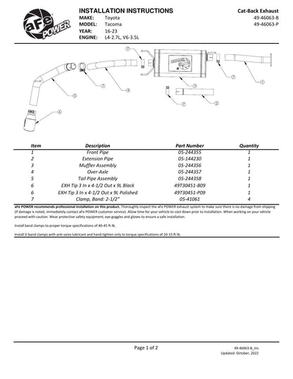 aFe Apollo GT 2.5-3in SS Cat-Back Exhaust w/ Black Tip | Toyota Tacoma (16-22) (49-46063-B)