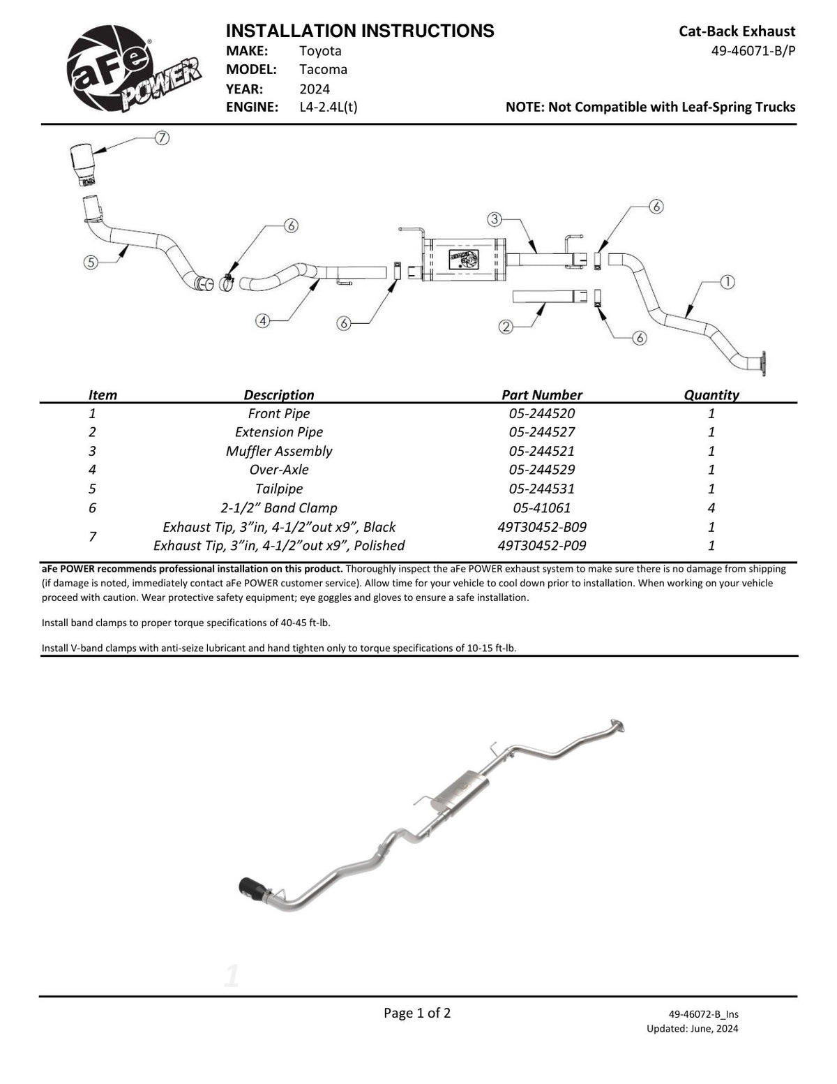 aFe Apollo GT 2.5-3in 409 SS Cat-Back Exhaust Toyota Tacoma (24) (49-46071-B)