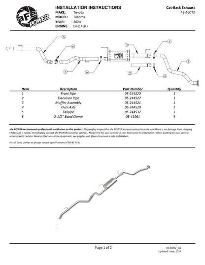 aFe MACH Force-Xp Hi-Tuck 2.5in 304 SS Cat-Back Exhaust | Toyota Tacoma (11-25) (49-46072)