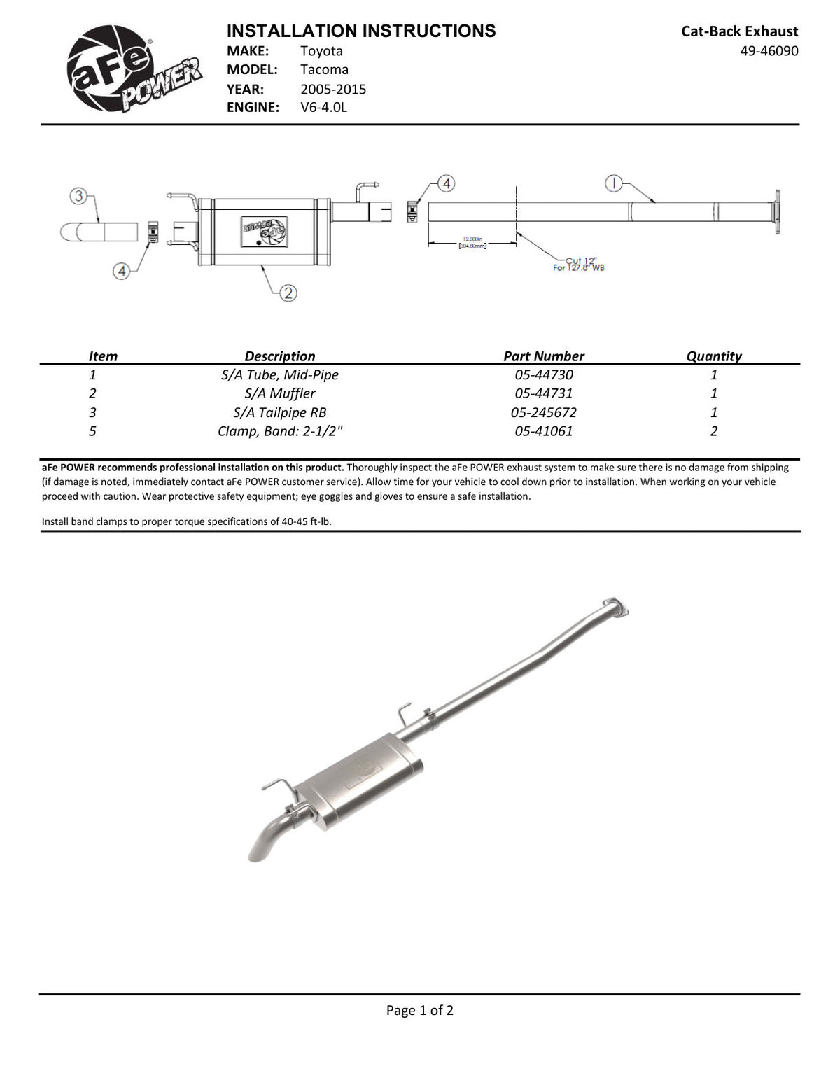 aFe Power 49-46090 RockBasher Catback Exhaust System for 05-15 Toyota Tacoma 4.0