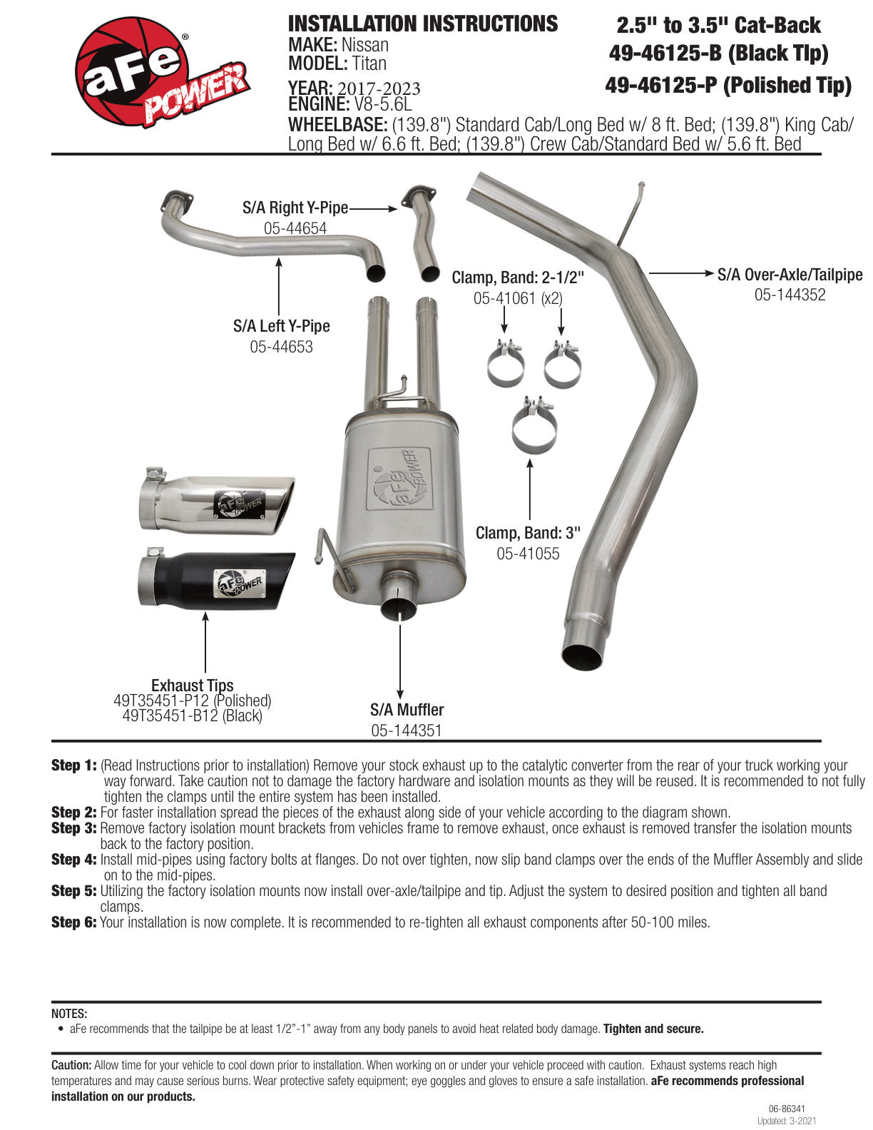 aFe 2-1/2" Cat-Back Exhaust System w/ Polished Tip | Nissan Titan XD V8 5.6L (16-17) (49-46125-P)