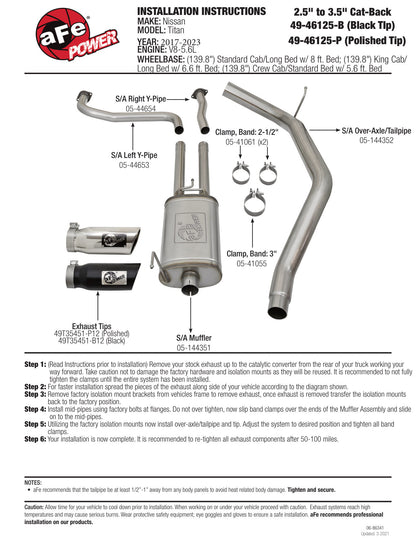 aFe 2-1/2" Cat-Back Exhaust System w/ Polished Tip | Nissan Titan XD V8 5.6L (16-17) (49-46125-P)