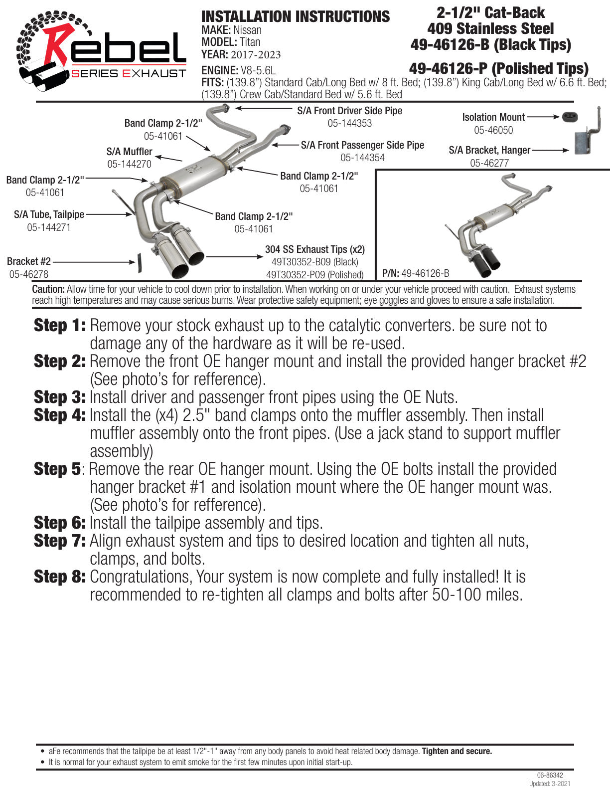 aFe Rebel Series 2-1/2 SS Cat-Back Exhaust | Nissan Titan V8 5.6L (16-17) (49-46126-B)
