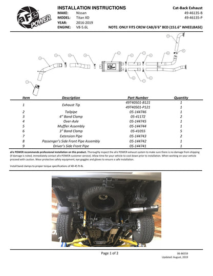 aFe 3-4in Stainless Steel Cat-Back Exhaust System | Nissan Titan XD V8-5.6L (16-19) (49-46135-B)