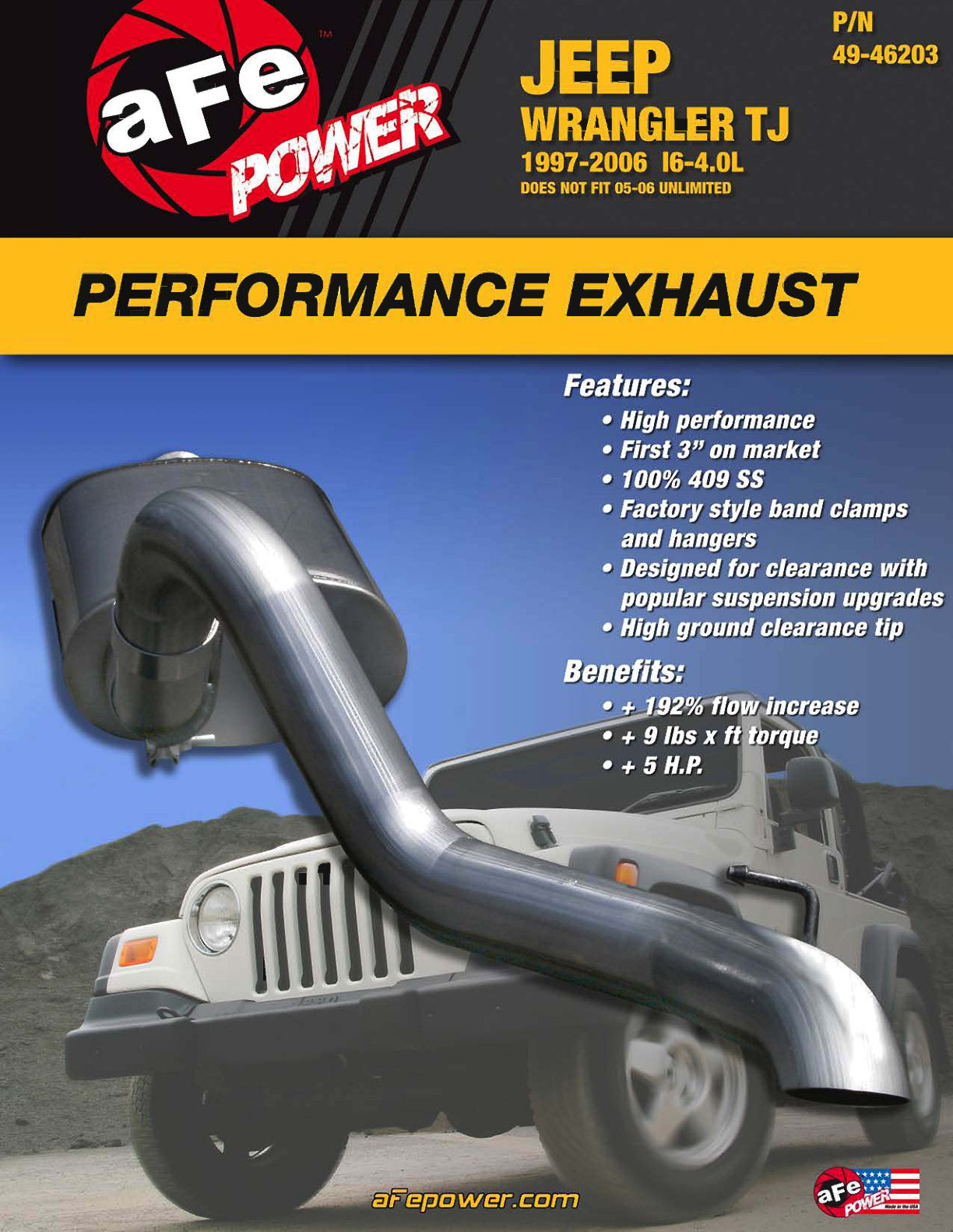aFe 3in 409 Stainless Steel Cat-Back Exhaust System | Jeep Wrangler TJ I6-4.0L (97-06) (49-46203)