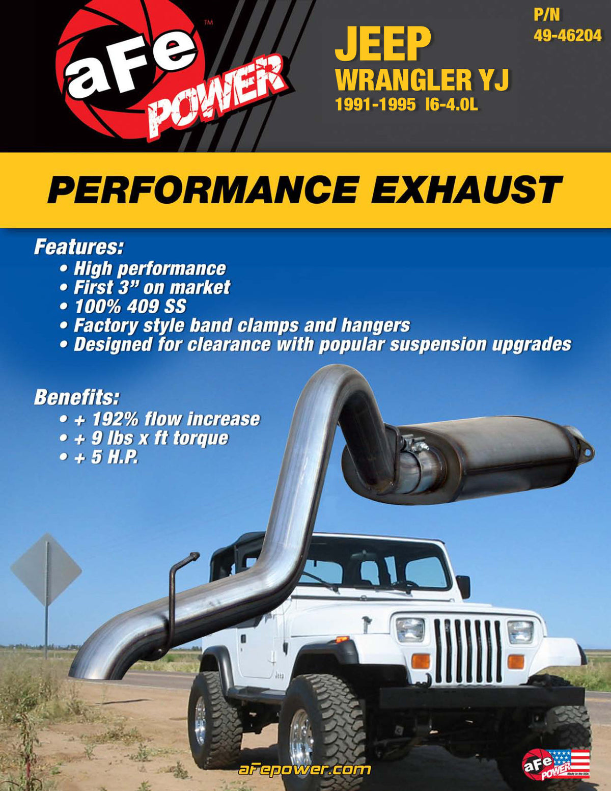 aFe 3 IN 409 Stainless Steel Cat-Back Exhaust System | Jeep Wrangler YJ I6-4.0L (91-95) (49-46204)