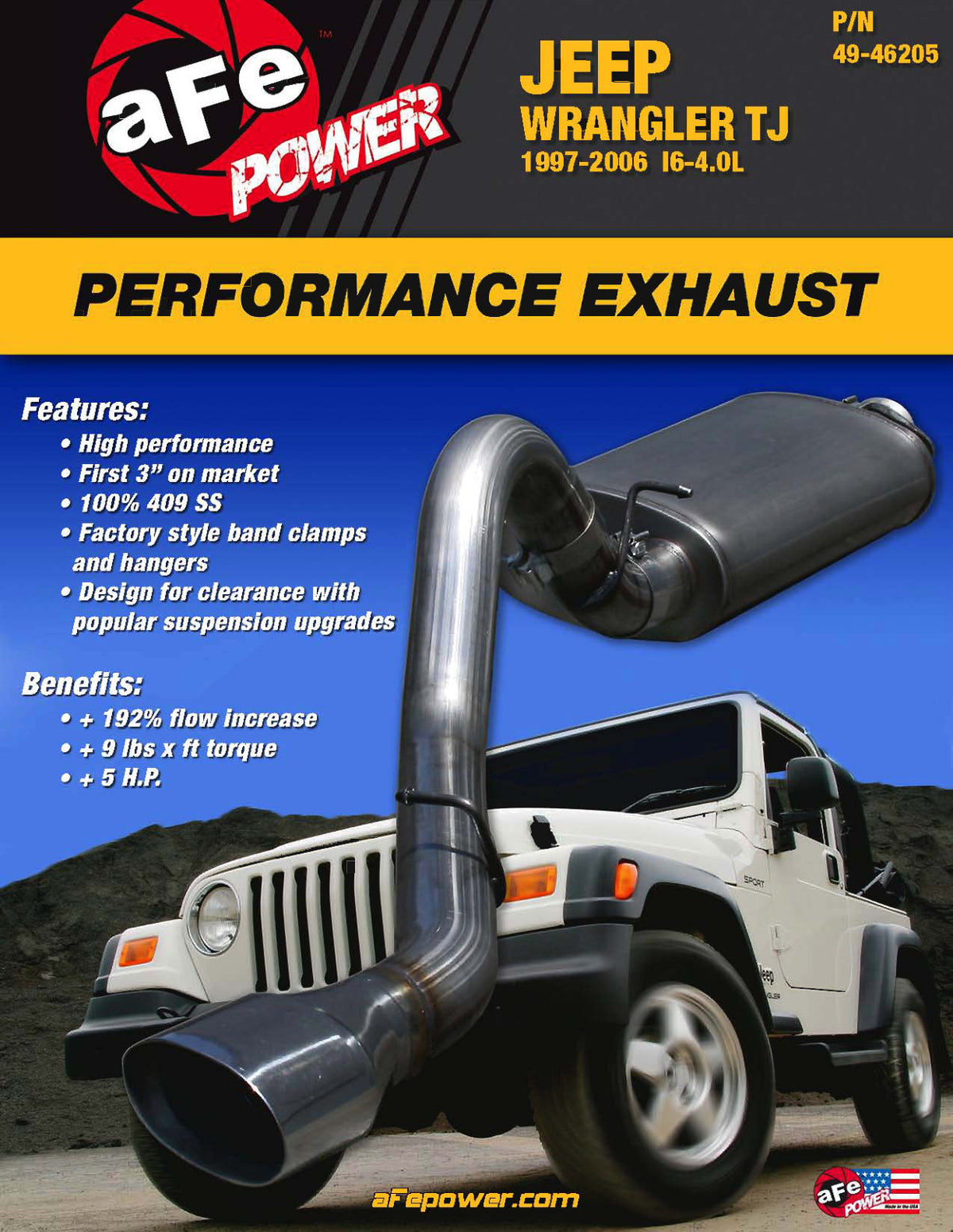 aFe 3in 409 Stainless Steel Cat-Back Exhaust System | Jeep Wrangler TJ (97-06) I6-4.0L (49-46205)