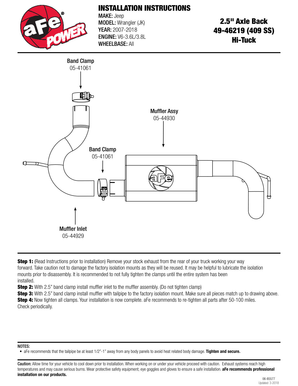 aFe 2.5in SS Axle-Back Exhaust Jeep Wrangler V6 3.6/3.8L (07-17) (49-46219)