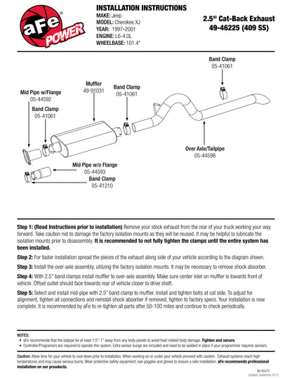 aFe 2.5in 409 Stainless Steel Cat-Back Exhaust System | Jeep Cherokee XJ (91-01) I6-4.0L (49-46225)
