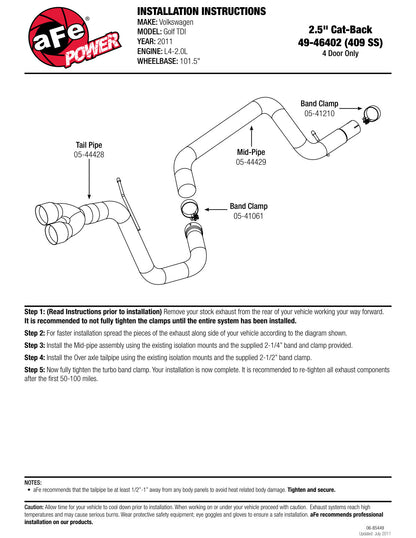 aFe Large Bore-HD 2.5in SS Cat-Back Exhaust | VW Golf TDI (11-12) (49-46402)