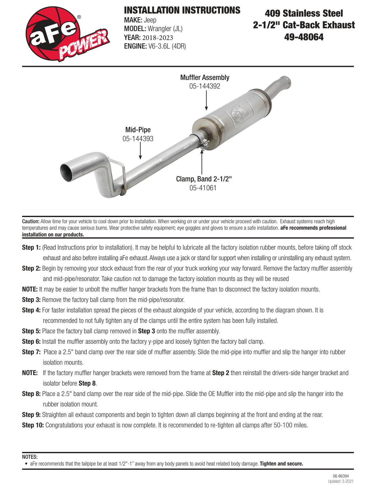 aFe MACH Force-Xp 2.5in SS Mid-Pipe | Jeep JL (18+), JK (07-18), W/ Hardware (49-48064)