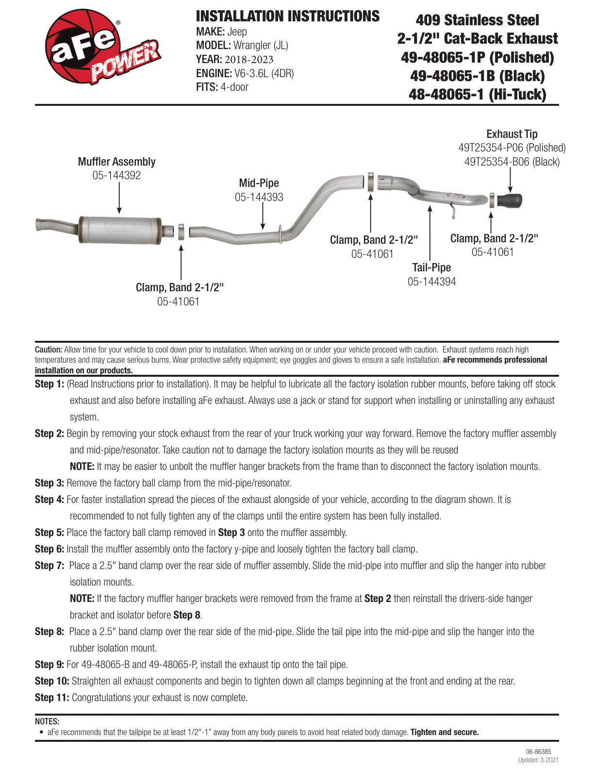 aFe 2.5in 409 SS Cat-Back Hi-Tuck Exhaust Jeep JL 18-21 3.6L (49-48065-1B)