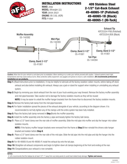 aFe 2.5in 409 SS Cat-Back Hi-Tuck Exhaust Jeep JL 18-21 3.6L (49-48065-1B)