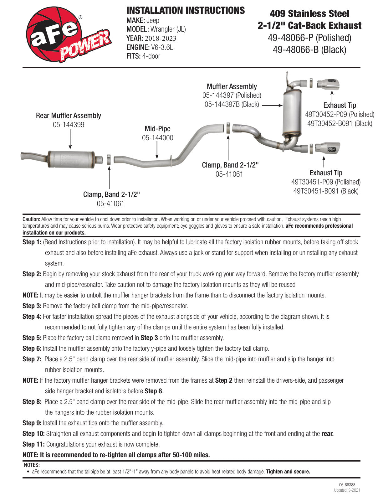 aFe 2.5in 409 SS D&S Cat-Back Exhaust Jeep Wrangler JL V6 (18+) (49-48066-P)