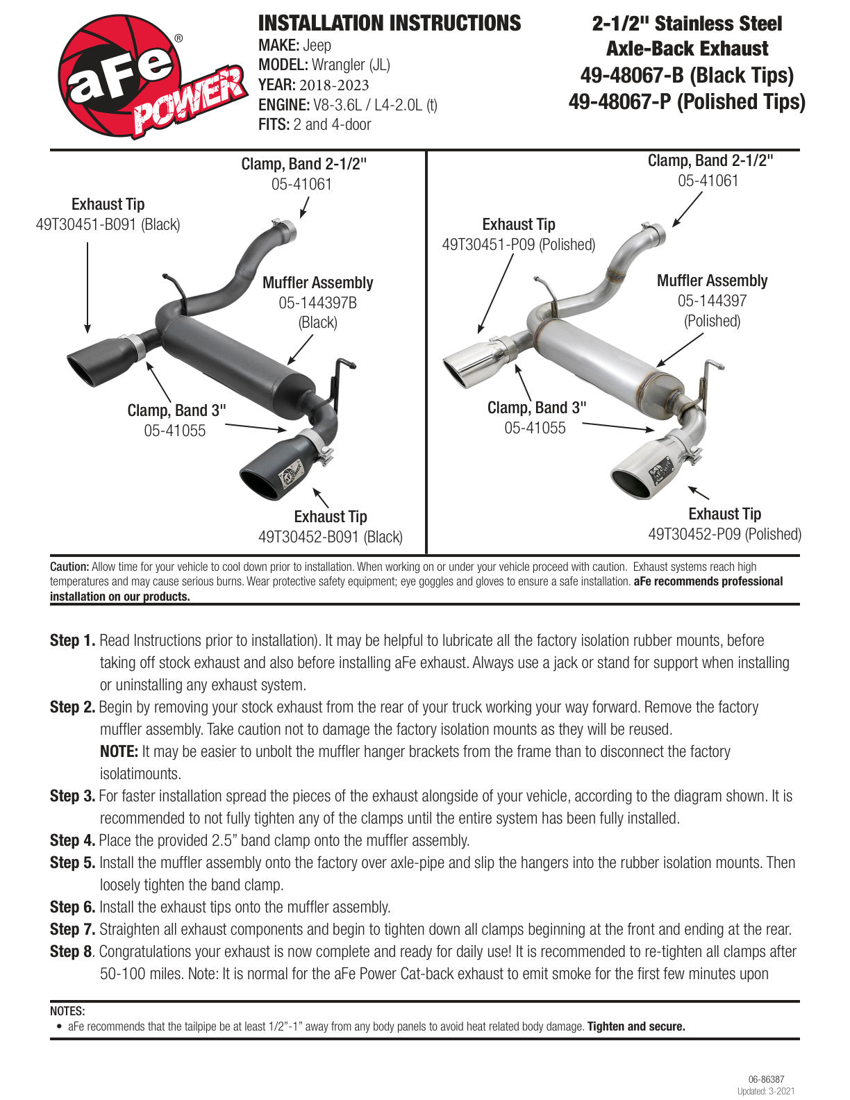 aFe 2.5in 409 SS Axle-Back Exhaust | Jeep Wrangler JL V6 3.6L (18+) (49-48067-B)