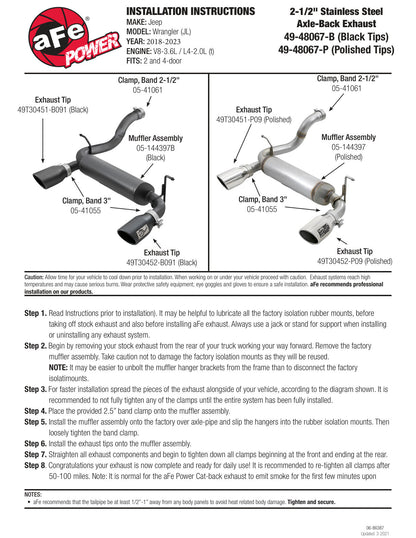 aFe 2.5in 409 SS Axle-Back Exhaust | Jeep Wrangler JL V6 3.6L (18+) (49-48067-B)