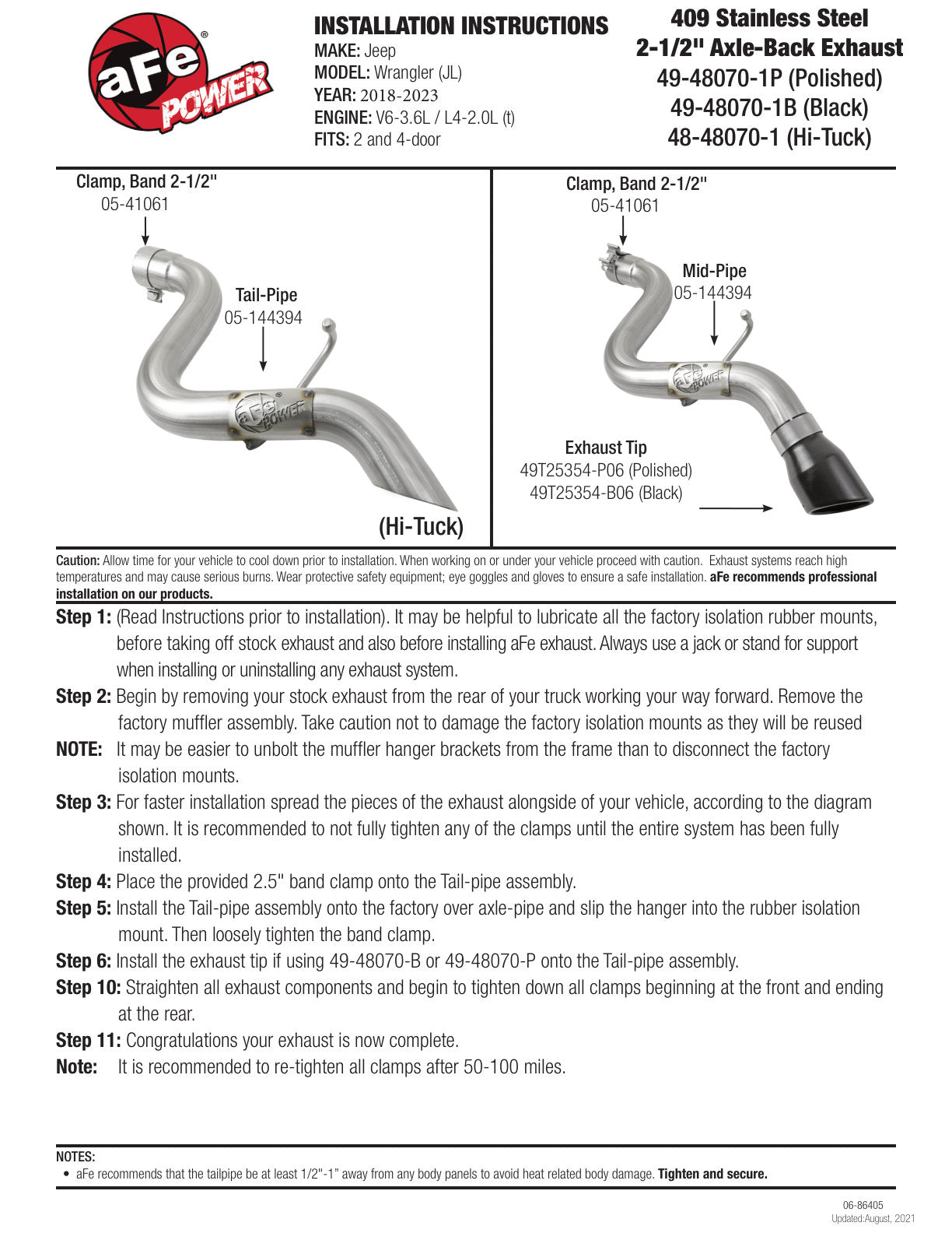 aFe MACH Force-Xp 409 SS Axle-Back Exhaust Jeep Wrangler L4-2.0T/V6-3.6L (18-20) (49-48070-1P)