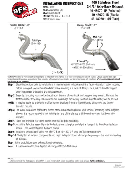 aFe MACH Force-Xp 409 SS Axle-Back Exhaust Jeep Wrangler L4-2.0T/V6-3.6L (18-20) (49-48070-1P)