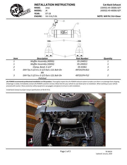 aFe 2.5in SS Axle-Back Exhaust Polished | Jeep Wrangler JK V6 3.6L/3.8L (07-18) (49-48086-P)