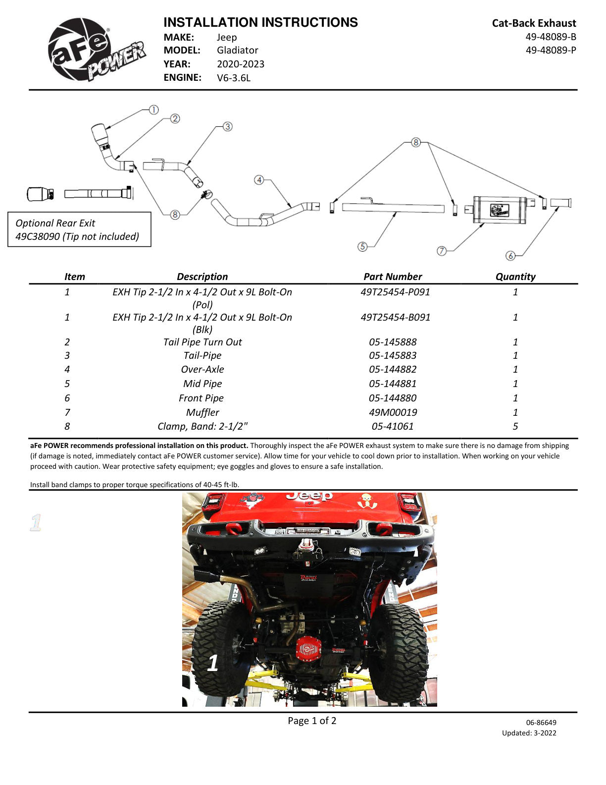 aFe 2.5in SS D&S Cat-Back Exhaust w/ Polished Tip | Jeep Gladiator (20-21) (49-48089-P)