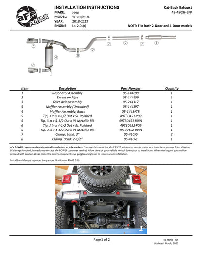 aFe 3in to 2.5in SS D&S Cat-Back Exhaust | Jeep Wrangler JL (18-21) (49-48096-B)