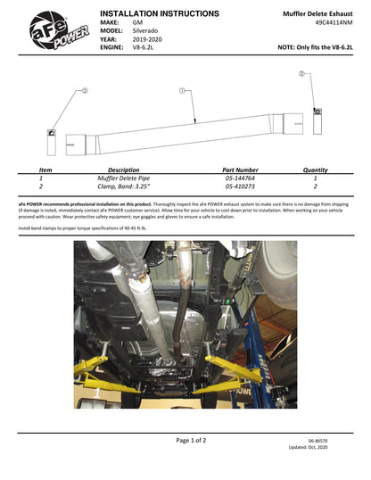 aFe 3in 409 Stainless Steel Muffler Delete Pipe | GM Silverado/Sierra 1500 V8-6.2L (19) (49C44114NM)