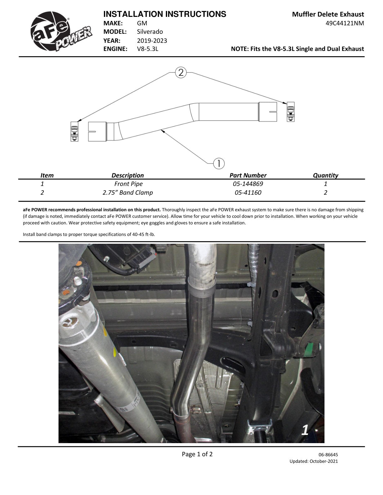 aFe Apollo GT SS Muffler Delete Pipe | GM Silverado/Sierra 1500 (19-20) V8-5.3L (49C44121NM)