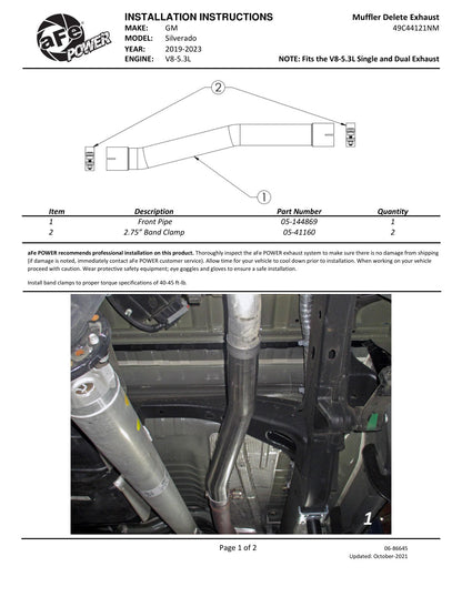 aFe Apollo GT SS Muffler Delete Pipe | GM Silverado/Sierra 1500 (19-20) V8-5.3L (49C44121NM)