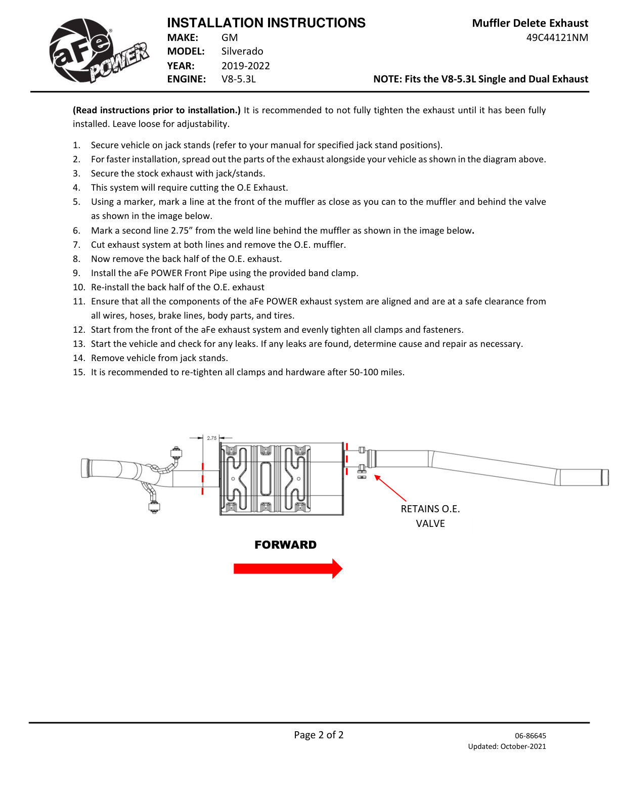aFe Apollo GT SS Muffler Delete Pipe | GM Silverado/Sierra 1500 (19-20) V8-5.3L (49C44121NM)