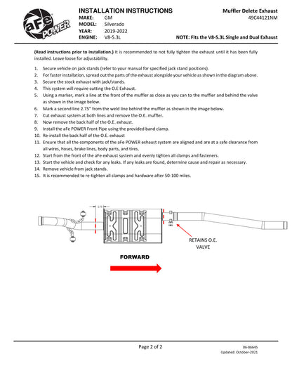 aFe Apollo GT SS Muffler Delete Pipe | GM Silverado/Sierra 1500 (19-20) V8-5.3L (49C44121NM)