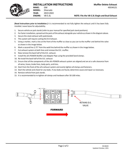 aFe Apollo GT Series 409 SS Muffler Upgrade Pipe | Silverado/Sierra 1500 V8-5.3L (19-20) (49C44121)