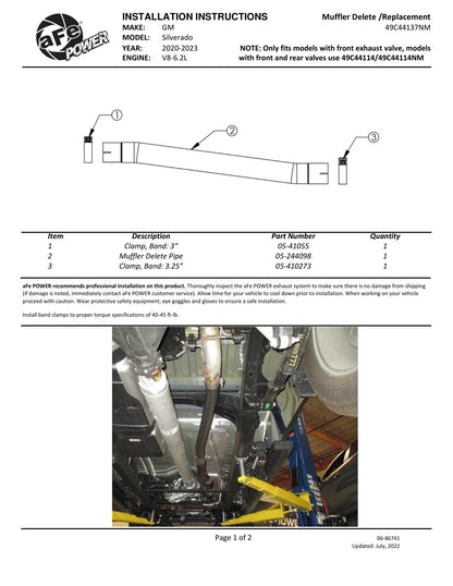 aFe Apollo GT Series 409 SS Muffler Delete Pipe | Silverado 1500 (20-21,23-24) (49C44137NM)