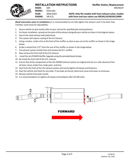 aFe Apollo GT Series 409 SS Muffler Upgrade Pipe | Silverado 1500 (20-21,23) (49C44137)