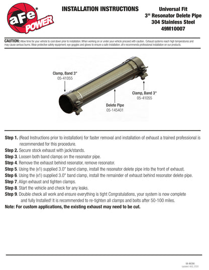aFe MACH Force-Xp 304 SS Resonator Delete 3in Inlet/Outlet x 3in Dia x 16in L