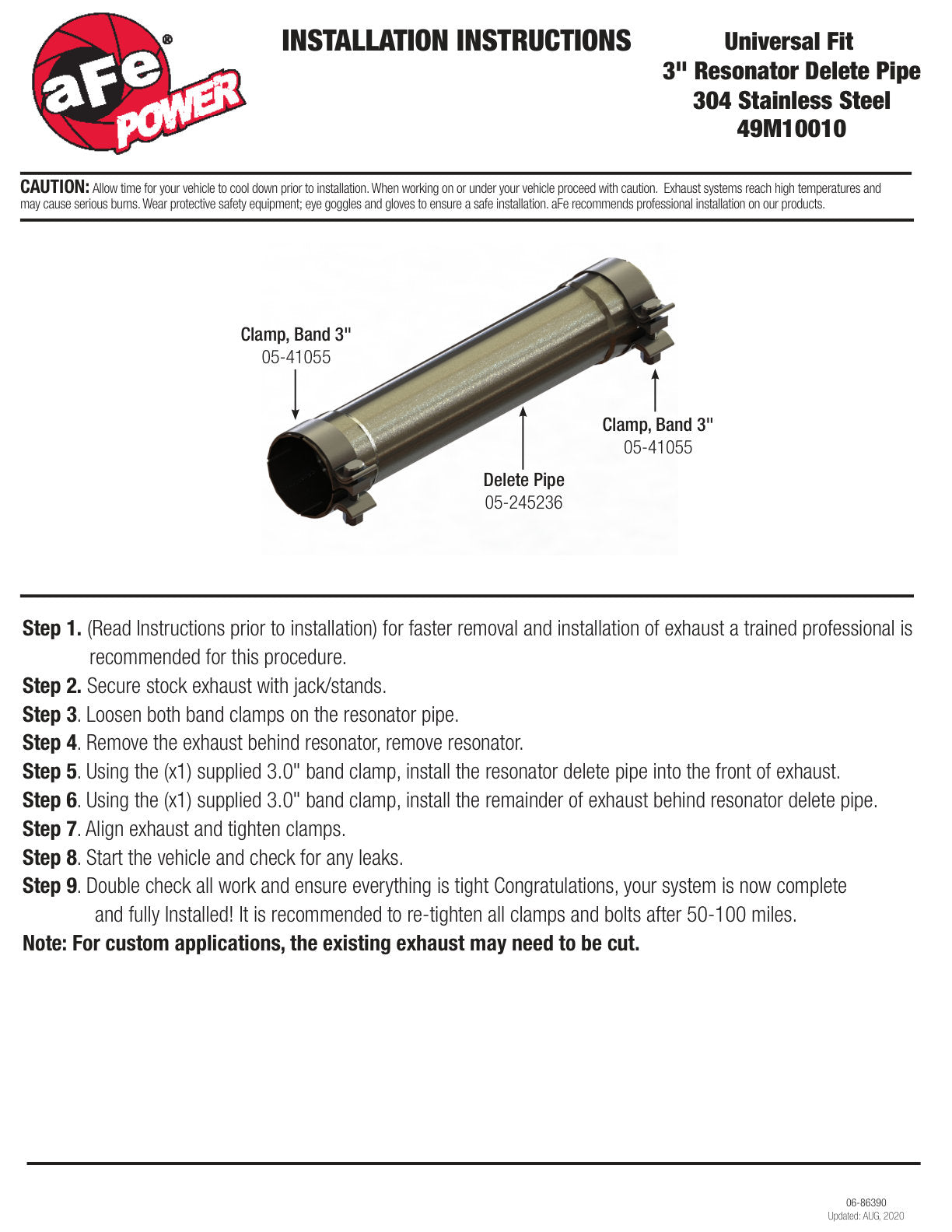 aFe MACH Force-Xp Resonator Delete Pipe 3 IN Inlet/Outlet x 3 IN Dia. x 19 IN Overall L w/ Clamps