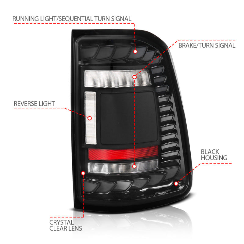 ANZO 19-24 RAM 1500 Factory LED Full LED Tail Lights SeqSig Black Pair (311481A)